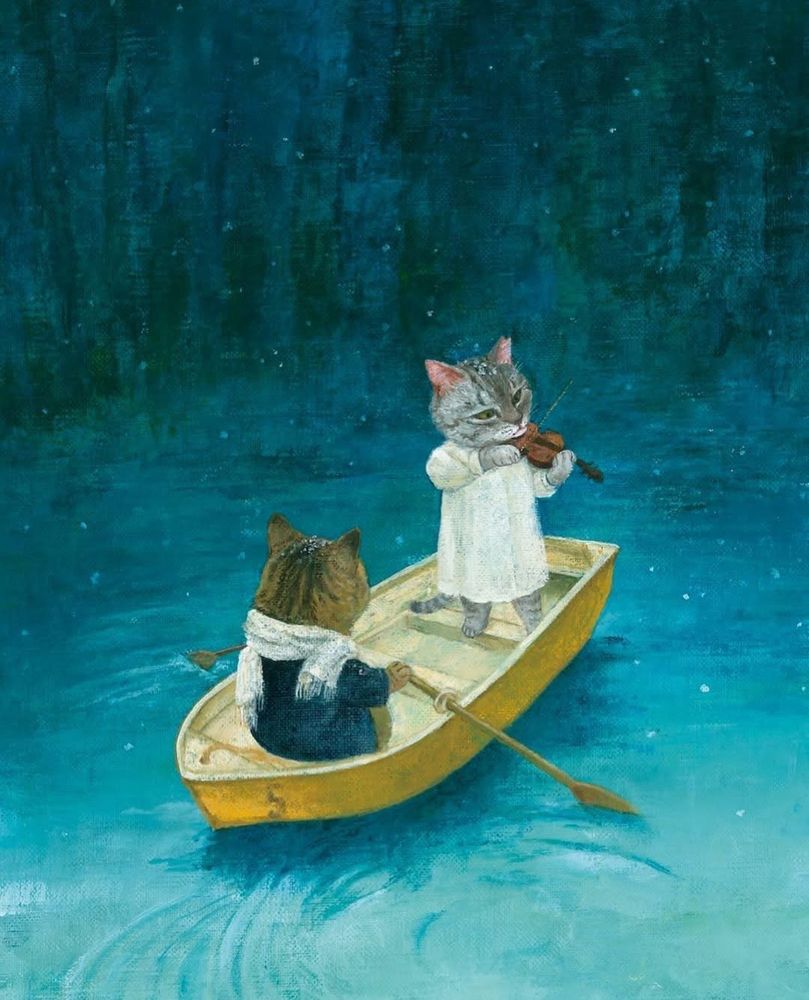 A serene painting of a cat playing a violin on a body of water in a boat while her cat companion rows.