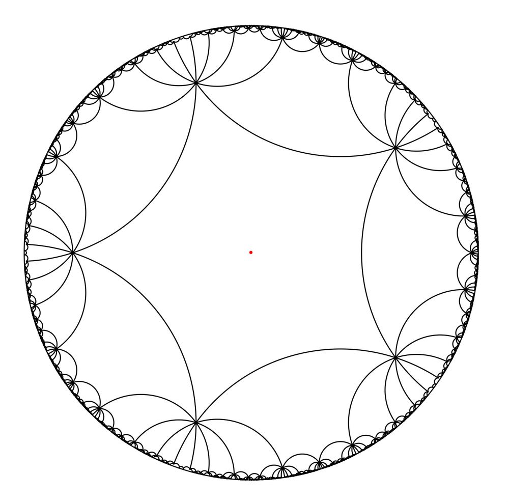 A tiling of the hyperbolic plane in the disk model with 10 regular pentagons at every vertex; this time the image is centered on one of the pentagons.
