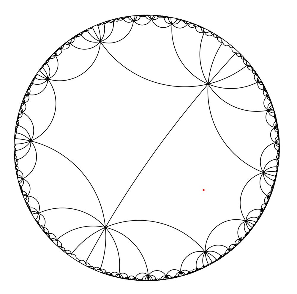 A tiling of the hyperbolic plane in the disk model with 10 regular pentagons at every vertex.