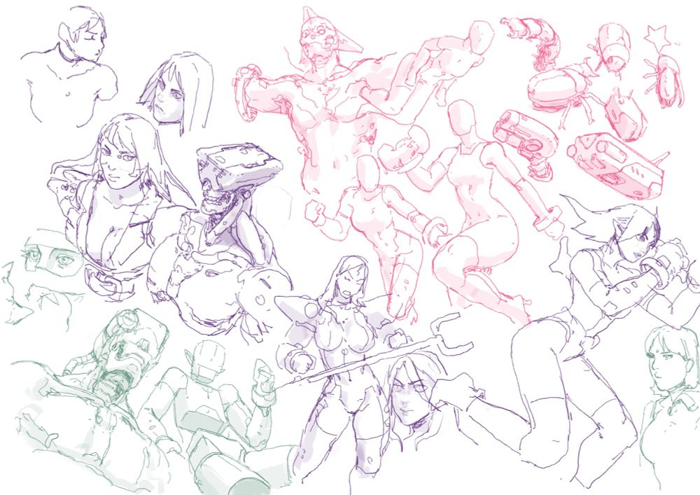 Various sketch practice ranges from human characters to creature design 