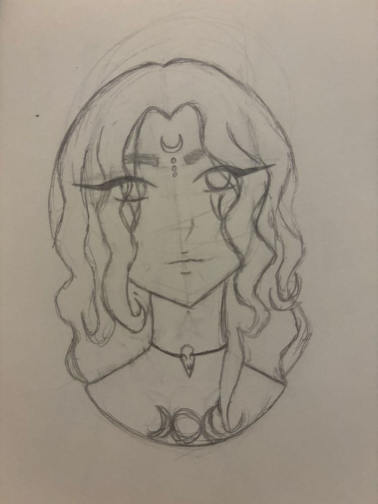 Sketch depicting a headshot of a woman with curly hair, she has a crescent moon on her forehead with three dots trailing down from the moon going between her eyebrows. She wears a necklace with a crows skull in it and has the sign of the triple goddess on her chest. 