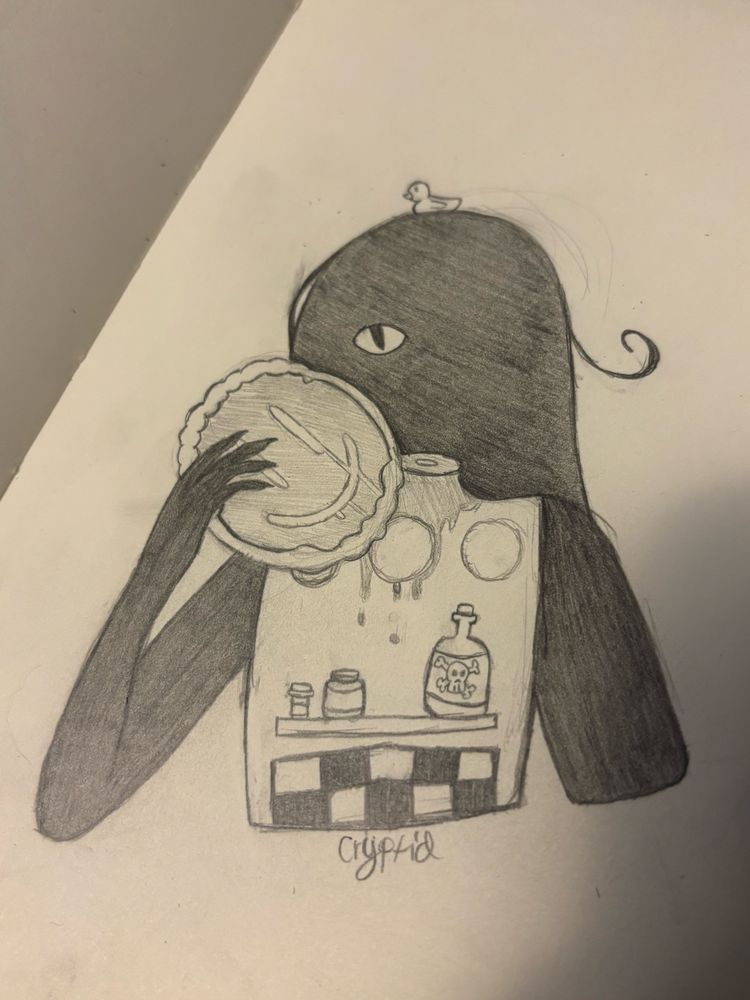 Pencil drawing of a ghost that has the torso depicting a shelf with three lights, with three different bottles on the shelf. Under the shelf is black and white tiles. The arms and face of the ghost are black as the ghost holds a mirror in one hand. One eye peers out from the darkness where its head should be. 