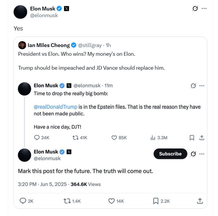 This is a screen shot of Elon Musk's tweet today (June 5th) saying that Trump is in the Epstein files. 