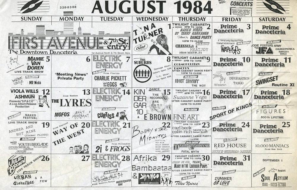Music calendar from August 1984 at First Avenue & 7th Street Entry.  