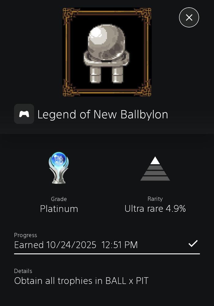 Screenshot from the PlayStation Network app showing a platinum trophy earned in ball x pit on 10/24 at 12:51 pm.
