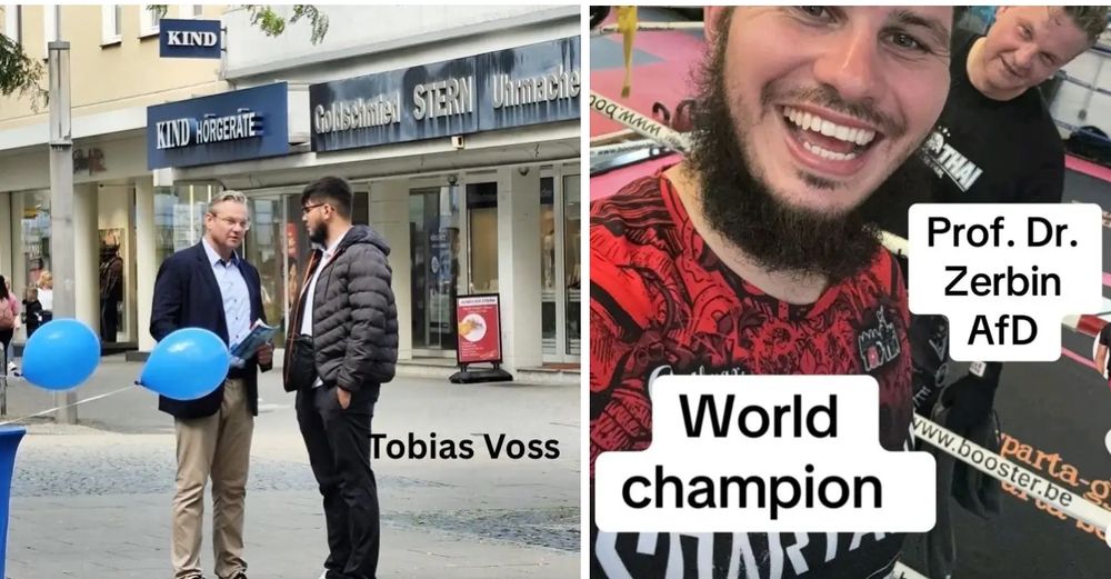 Links sind zwei Mäner auf der Straße im Gespräch zu sehen, am Rand blaue Ballons und ein kleiner Rand von einem blauen Stehtisch, auf dem Bild ist Tobias V markiert, Zerbin ist zu erkennen.
Auf dem Bild rechts lacht Tobias V mit Bart wie bei einem Selfie in die Kamera, im Hintergrund schaut Zerbin in die Kamera. Unter V. steht World Champion, unter Zerbin Prof. D. Zerbin, afd