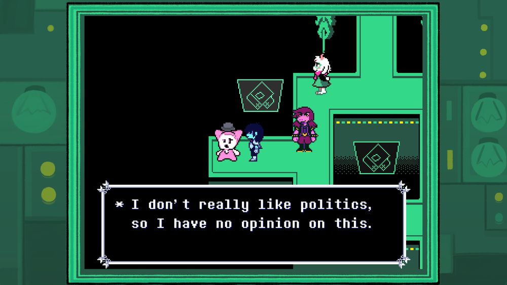a screenshot from Deltarune in which a NPC is saying "I don't really like politics, so I have no opinion on this"