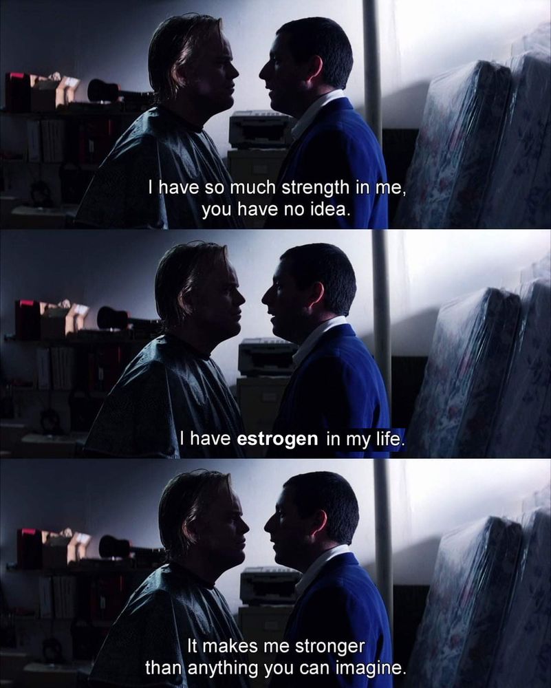 A scene from "Punch-Drunk Love" where the character Barry Egan (played by Adam Sandler) says to the character Dean Trumbell (played by Philip Seymour-Hoffman) "I have so much strength in me, you have no idea. I have a love in my life. It makes me stronger than anything you can imagine", but the caption have been altered to replace "a love" by "estrogen"