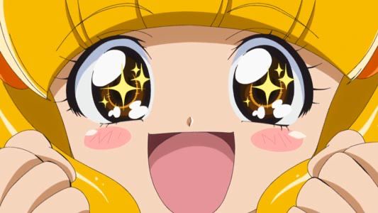 a close-up shot of Kise Yayoi from Smile Precure! depicting her watching something with an expression of extreme joy : a big smile on her face, pink cheeks, and star in her eyes