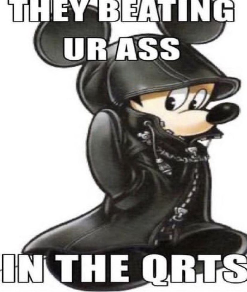 an image of Mickey Mouse dressed in a black hood from the Kingdom Hearts series with the text "they beating ur ass in the qrts"