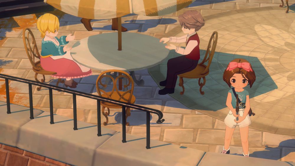 a screenshot from Story of Seasons: Grand Bazaar showing the main character fishing from a town square, with two people behind her chatting at a coffee shop table