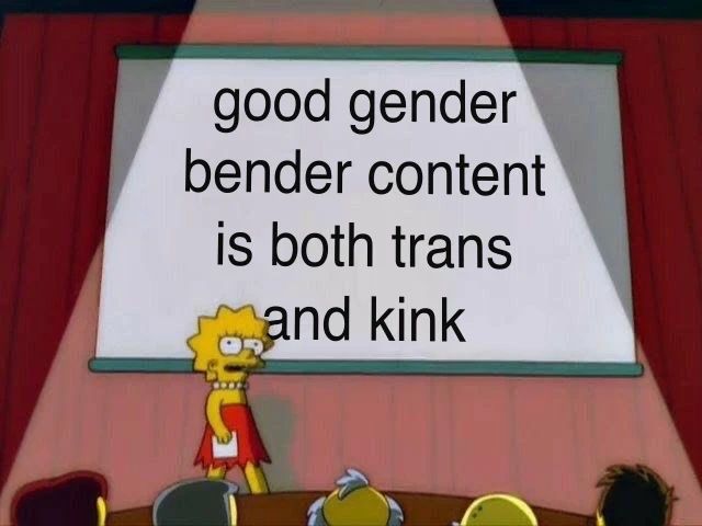 maggie simpson from the simpsons foing a presentation in front of a crowd of adults. She's on a stage with a piece of paper in her hand, and behind her there's a white projector screen showing the text "good gender bender content is both trans and kink"