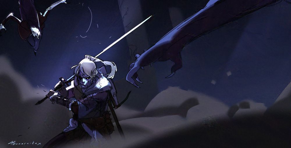 Illustration of a witcher from the School of the Bear squaring off with two vampires.