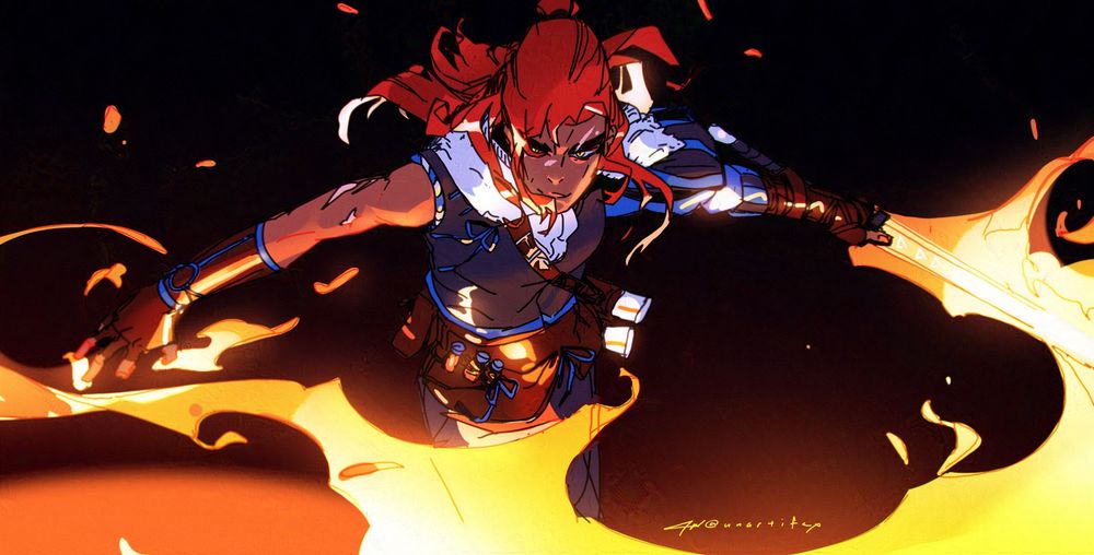 Fanart of a witcher lighting her silver sword aflame with the sign igni.