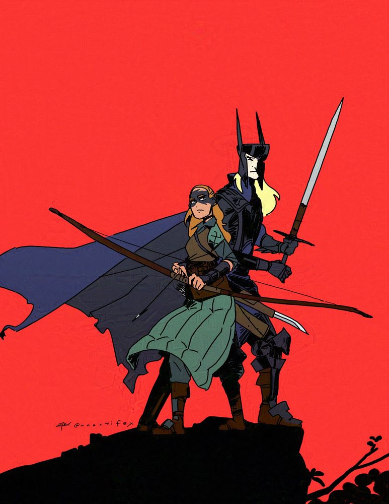 Illustration of Milva and Cahir, two characters from Andrzej Sapkowki's fantasy novels The Witcher. 