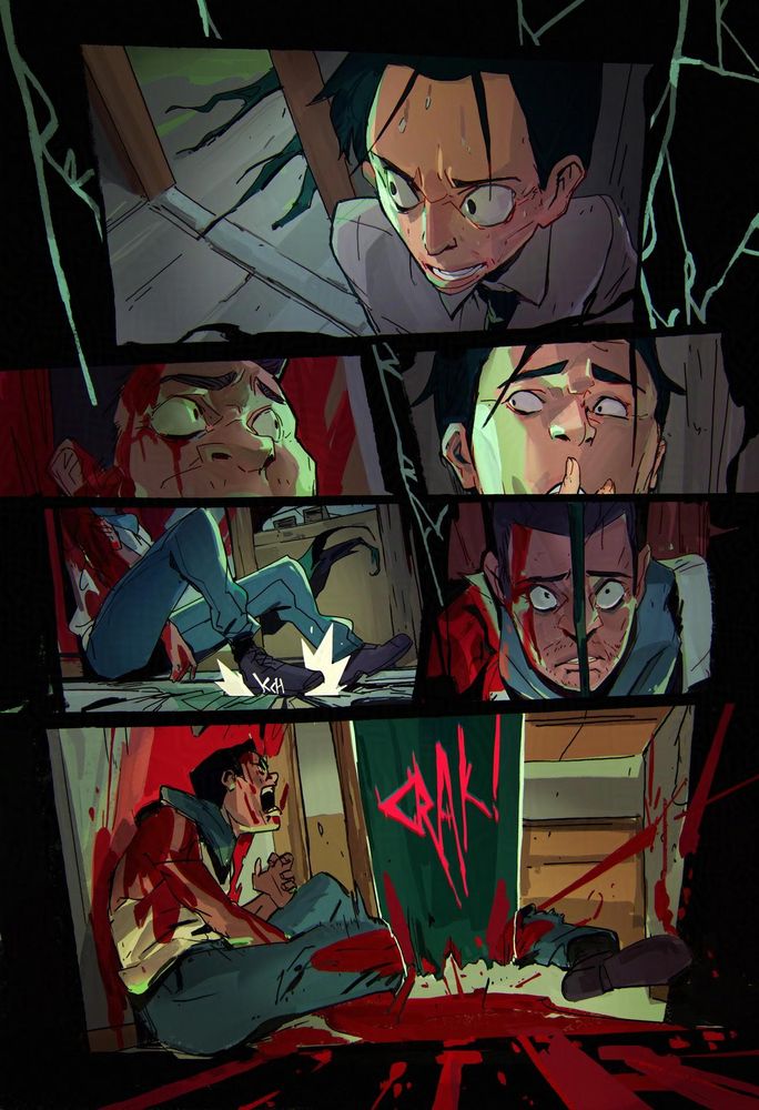 a page from volume 2 of Folklore where one of the characters gets caught by the shadow monster.