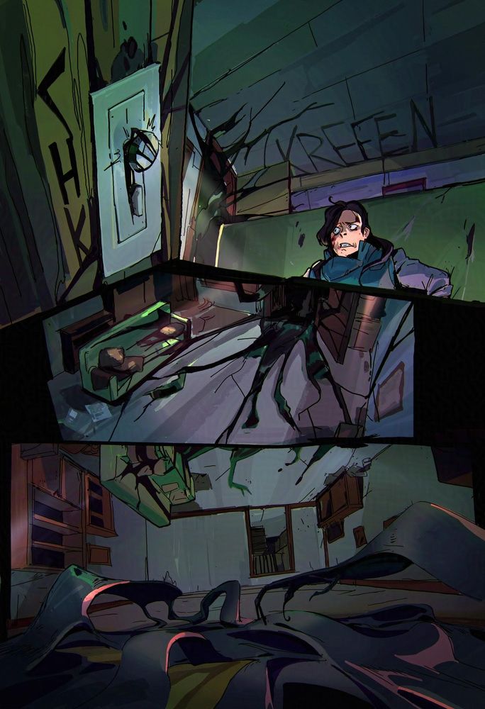 a page from volume 2 of Folklore where the main characters are hiding from a shadow creature.