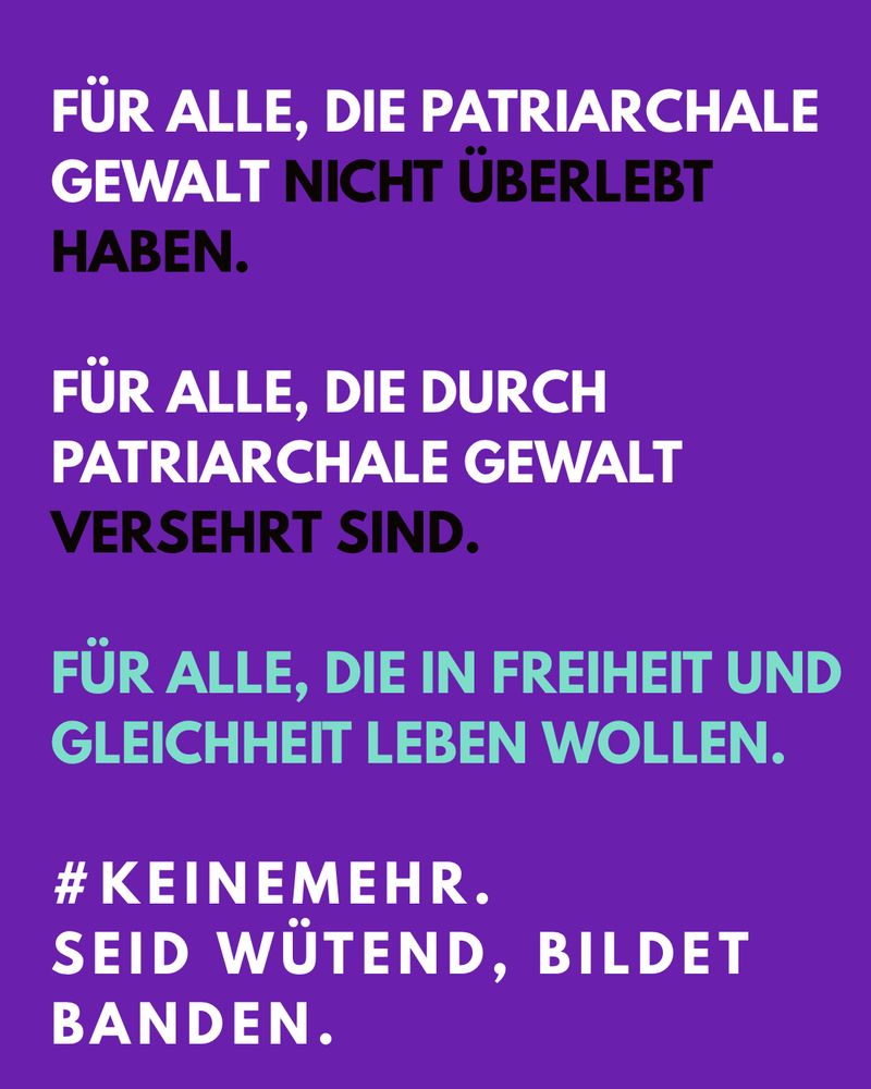Bild: Für alle, die patriarchale Gewalt nicht überlebt haben. Für alle, die durch patriarchale Gewalt versehrt sind. Für alle, die in Freiheit und Gleichheit leben wollen. #keinemehr. Seid wütend, bildet Banden.