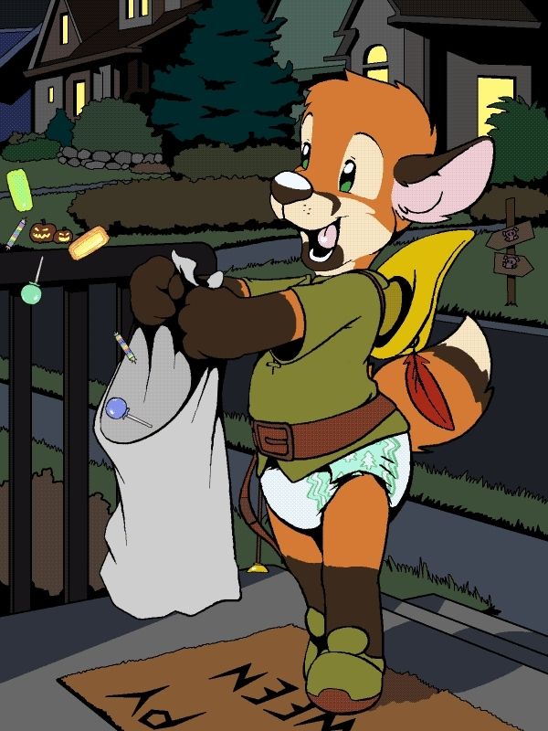 An anthropomorphic fox kit in a Robin Hood Halloween costume, looking very excited, holding open a white pillow case, candy flowing into it from offscreen