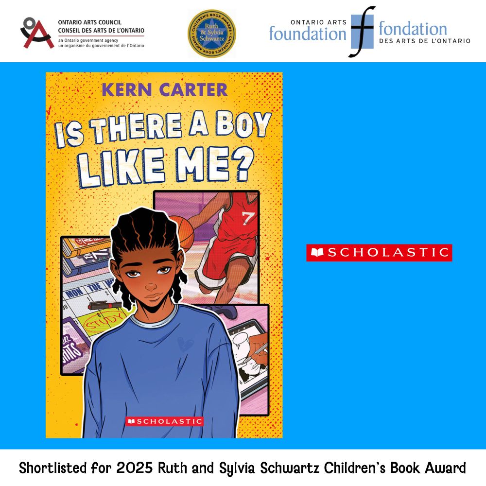 Illustrated book cover for “Is There a Boy Like Me?” by Kern Carter, showing a young Black boy with cornrows, wearing a blue sweatshirt. Behind him are panels with scenes of basketball, a comic book, and school-related imagery. Text at the bottom notes the book is shortlisted for the 2025 Ruth and Sylvia Schwartz Children’s Book Award.