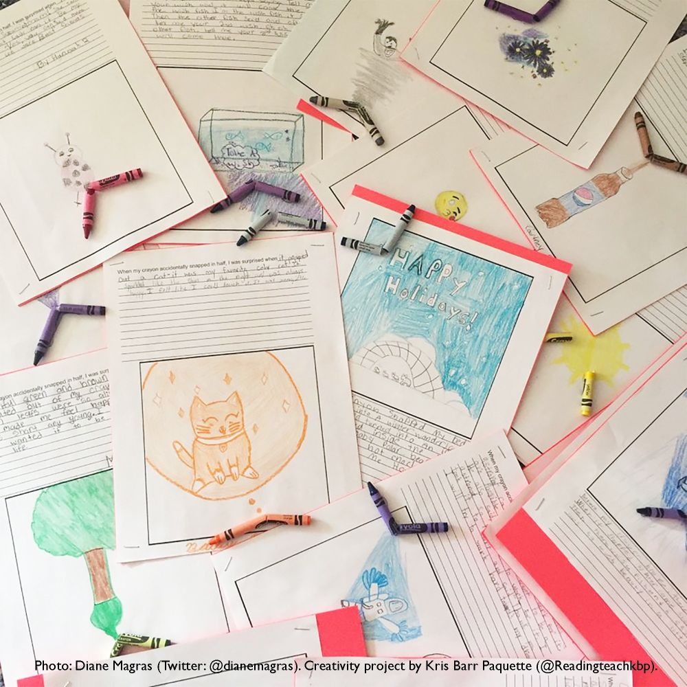 Collection of children's illustrated writing assignments spread out on a surface, each accompanied by broken crayons. Drawings include a cat, a snow globe, a tree, and various other colorful scenes. Photo credit at bottom: Diane Magras; project by Kris Barr Paquette