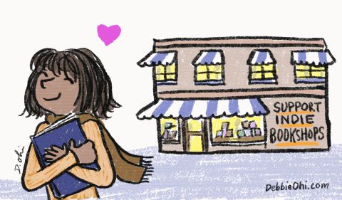 Illustration showing short-haired woman happily hugging a book in the foreground, an indie bookstore in the background. Sign on bookstore says "Support Indie Bookshops" Animation shows heart above woman's head shifting around, and we can see people moving inside bookshop.