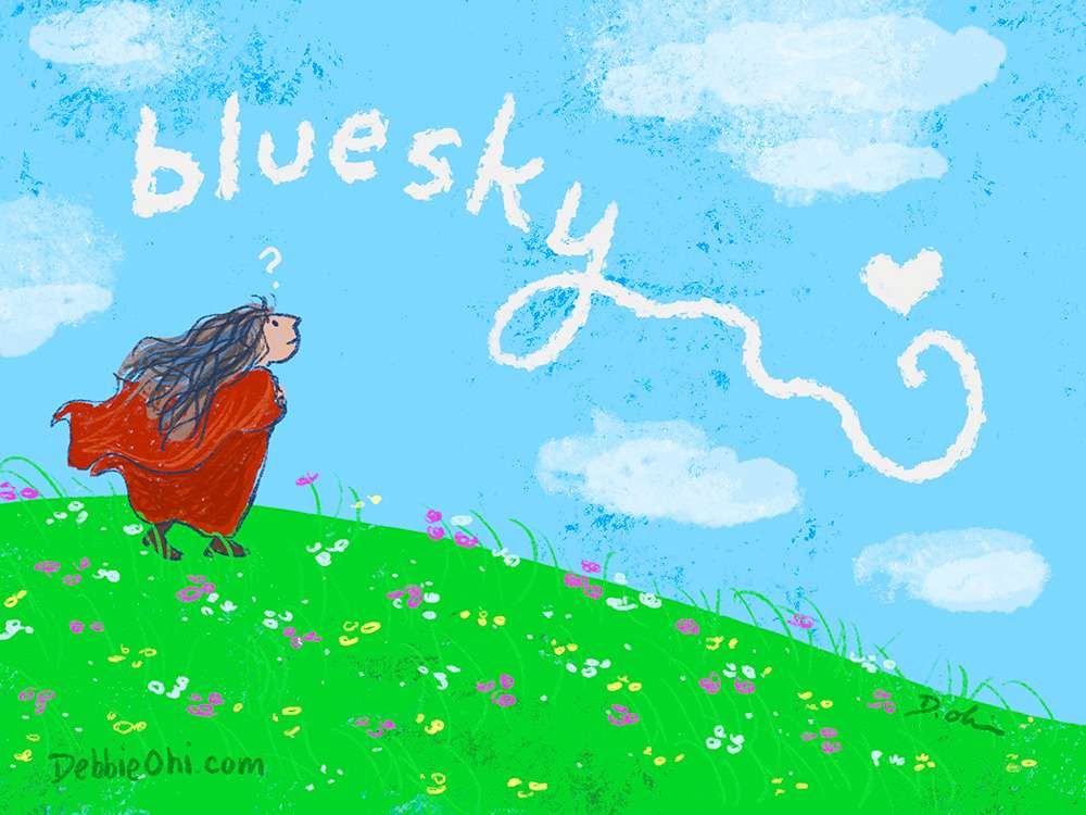 Illustration of long-haired girl in red clock on flower-filled green hillside, looking up into the blue sky. In the sky, we see a few fluffy clouds along with some white skywriting that spellings the word "bluesky."