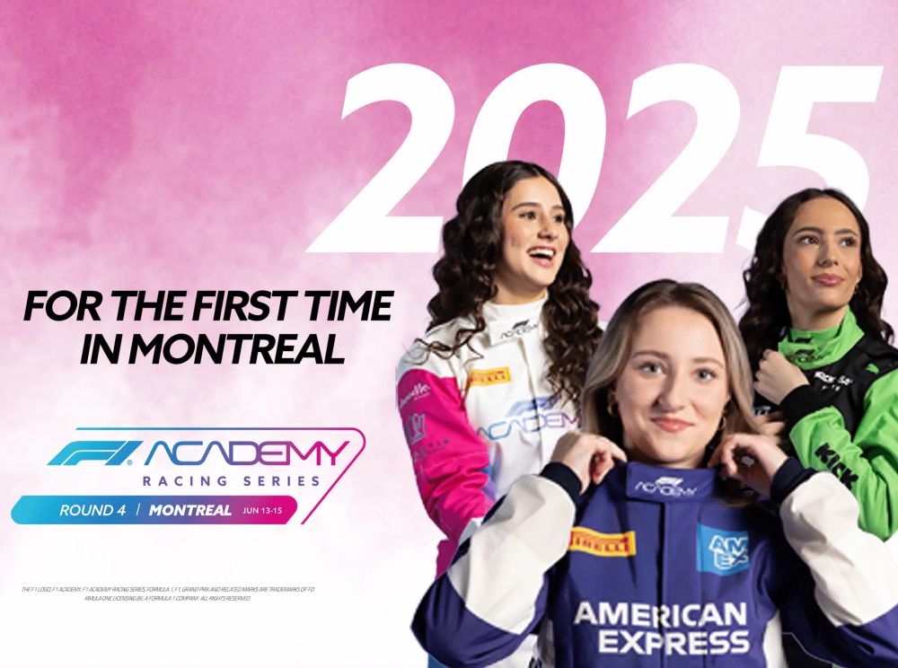 Promotional image for the F1 Academy Racing Series, announcing its first appearance in Montreal in 2025. Three female drivers in racing suits appear in the foreground, with the large text “2025” above them and “FOR THE FIRST TIME IN MONTREAL” written below. The F1 Academy logo and event details—Round 4, Montreal, June 13–15—are displayed in the lower left corner. The background features a pink gradient.