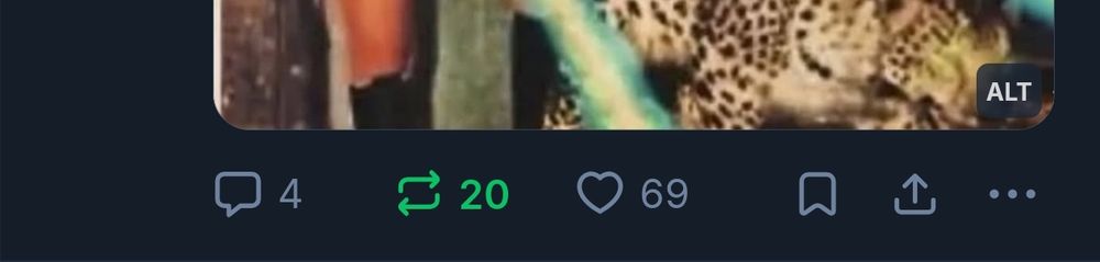 Screenshot of a post showing the comments at 4, reposts at 20, and likes at 69. Nice.