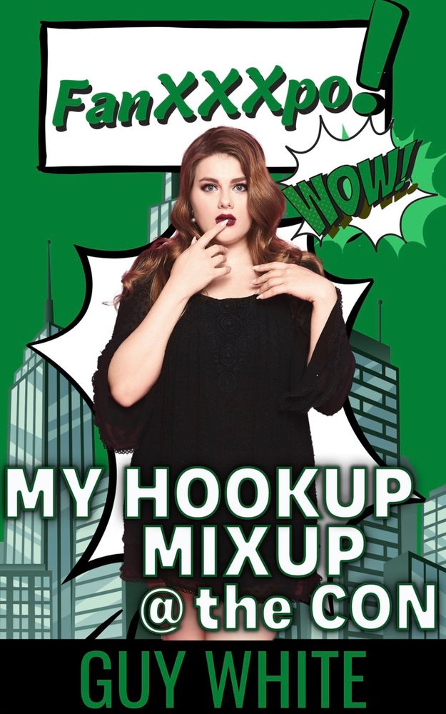 Book cover for My Hookup mixup @ the con by Guy White. A red headed, white woman stands with looking slightly guilty. 