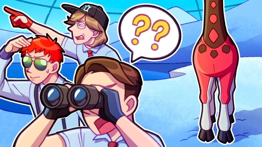 Thumbnail art for shiny Catherine. 3 Pokémon trainers stand in the polar biome, pointing, squinting, and using binoculars to try and find Catherine hiding in synchro mode. Behind them, a jumbo shiny farigiraf (Catherine) stands in the middle of the snow, bright red against the whites and light blues of the polar biome. The Pokémon trainers are oblivious lol