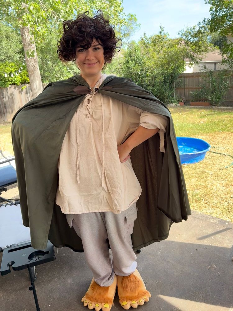 Me dressed as a hobbit with feet slippers
