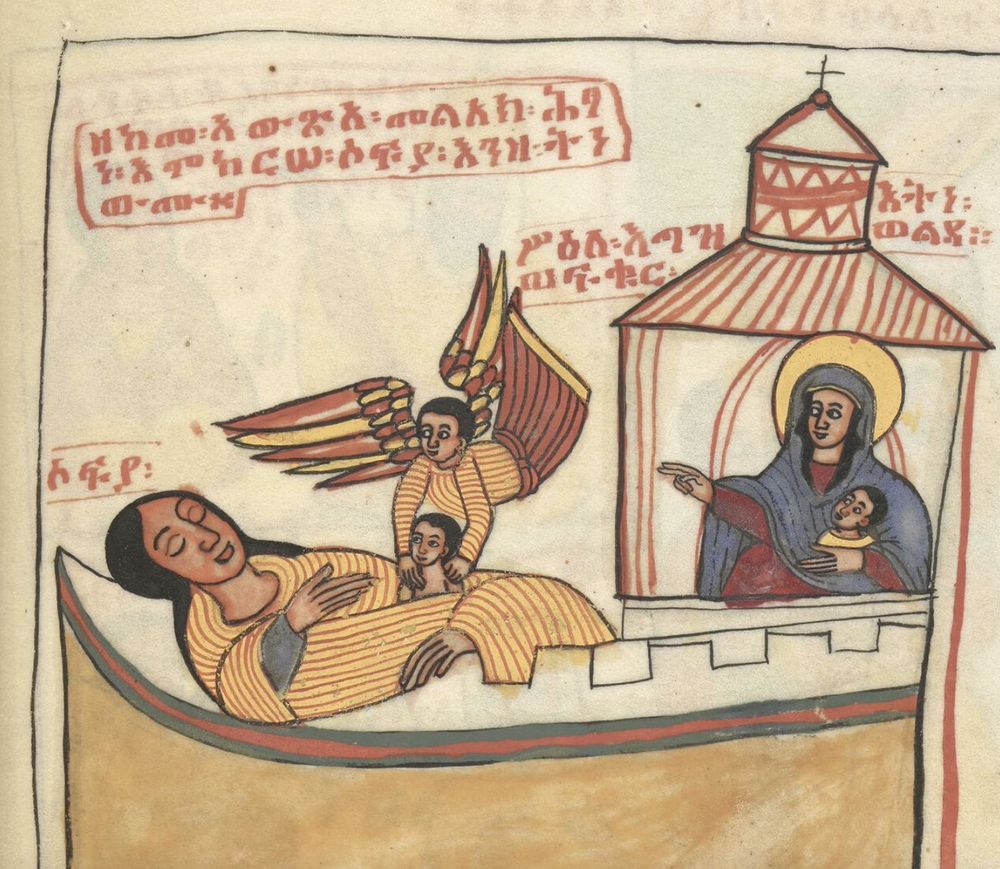 Ethiopian depiction of the story about the nun Sophia. Sophia is sleeping in the middle of the image, an angel is lifting a small baby from her belly. On the right, Saint Mary and Baby Jesus are watching.