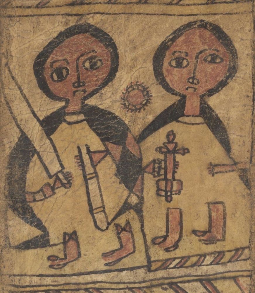 Two grumpy-looking creatures from an Ethiopian magic scroll. One carries a cross, the other a drawn sword.