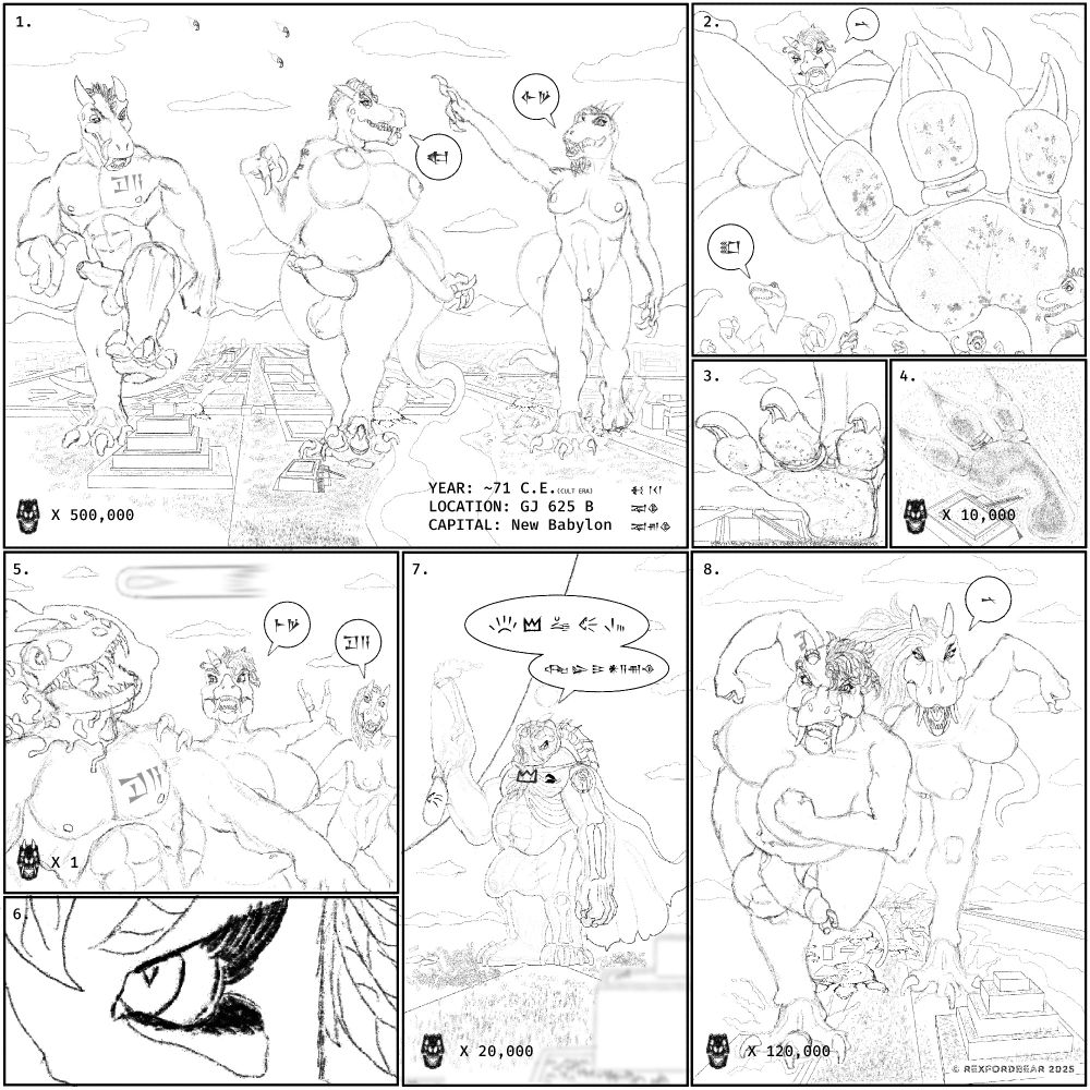 70 years after Starclaw departed from its home port at Megrez III, it finally arrived at GJ 625 B, or as the locals call it, "New Earth." After months of upper-atmosphere viral gas bombardment, it was finally time for the Cult of Ursa Major's planetary invasion to begin. 

Meanwhile, planet-side, Tyra and her clique are busy conquering the planet's capital, New Babylon. Today, the sky rained meteors. An ill omen perhaps? Little did the Sauran giants know, this would be the first sign of the end of their rule. Or perhaps not? 

Rex himself steered the detached bridge down to the planet. Shortly after, he just so happened upon Tyra's posse, and initiated an ambush. 

"Surrender!" or the Cult's equivalent term, emanated from his helmet in Ursalith and then again in Saurian-Sumerian. 

Tyra and her colleague understood the order, but had no interest in complying. Looks like Rex just opened up a can of worms for himself!