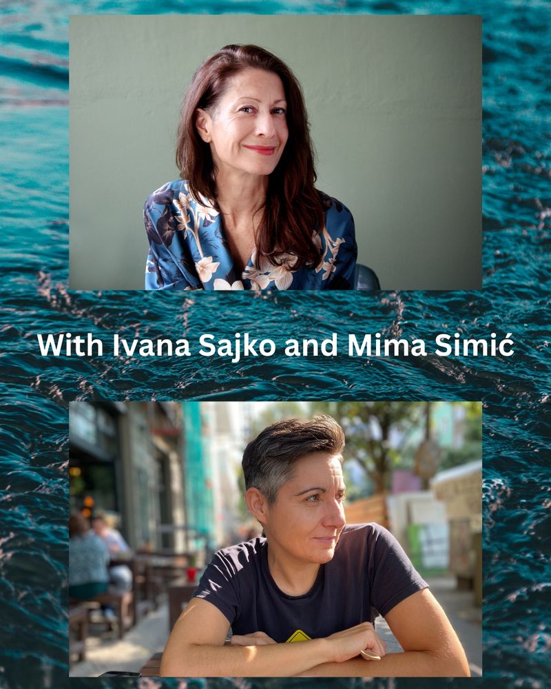 The writer Ivana Sajko (a white woman with long brown hair and a red smile) and her translator Mima Simić (another white woman with short greying hair, looking enigmatic)