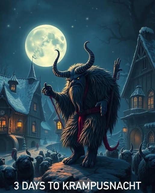 Krampus standing on a rock in a gothic village, surrounded by minions. Text: 3 days to Krampusnacht. 