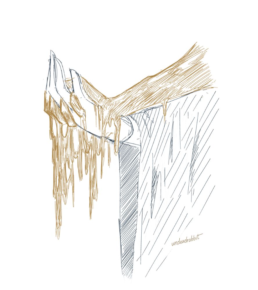 A shot of Adamant and Phos holding hands. Phos's gold hands are dripping.