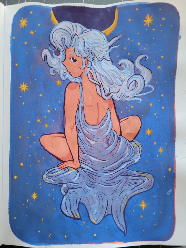 A person with peach skin and long, light blue hair wearing a semi-translucent blue robe sits cross legged in a starry sky. Their hair and clothes float with no regard for gravity, a winter crescent moon floats behind their head like a crown. 