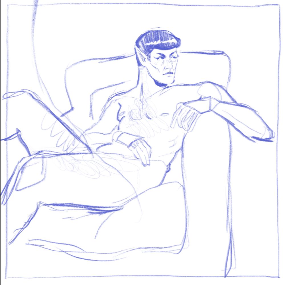a digital sketch of spock lounging in a cushioned chair. he is sprawled out lazily while he looks over his shoulder to one side