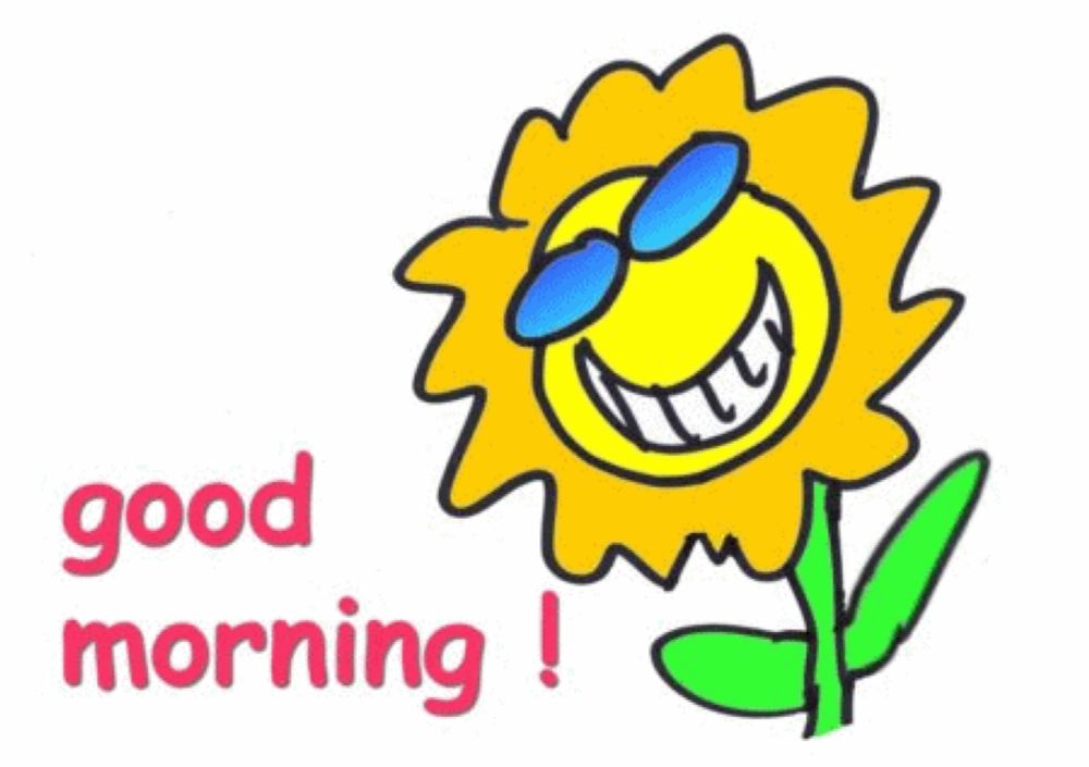 a cartoon drawing of a sunflower with a smiley face and sunglasses and the words `` good morning '' .