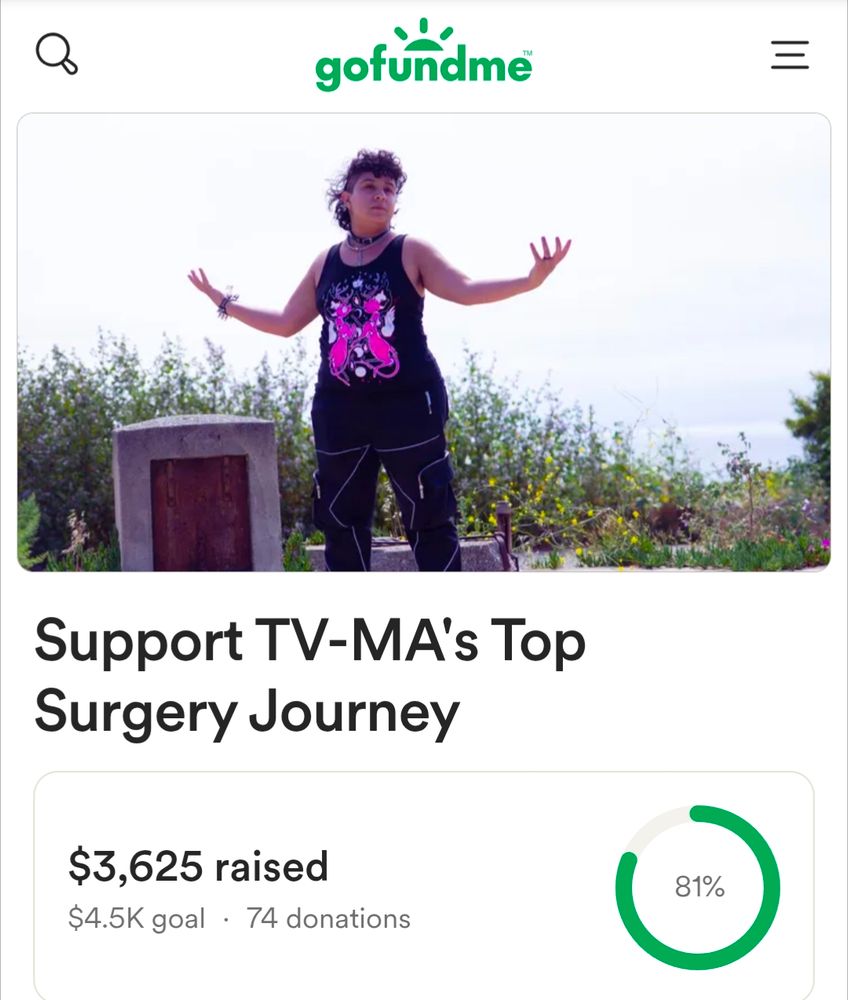 Screenshot from my top surgery fundraiser. 3625 out of 4.5k raised. 81% complete.