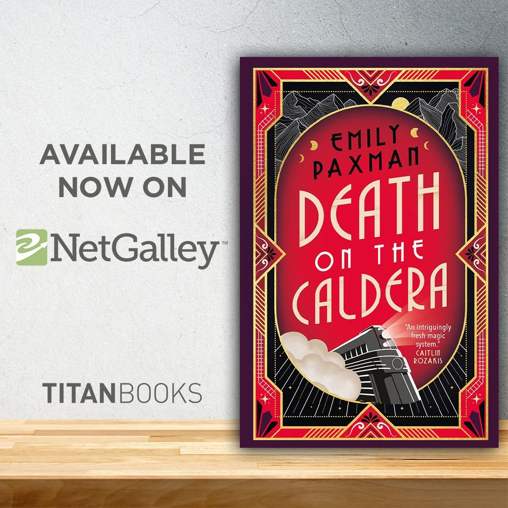 The cover for the book Death on the Caldera, announcing its availability on NetGalley. The cover features a train surrounded by art deco styling.