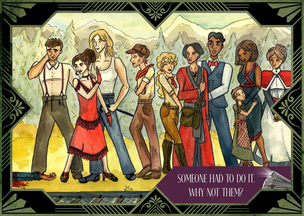 The same cast line-up as the last photo, now with the image decorated with art deco swirls and an ominous message: Someone had to do it. Why not them?