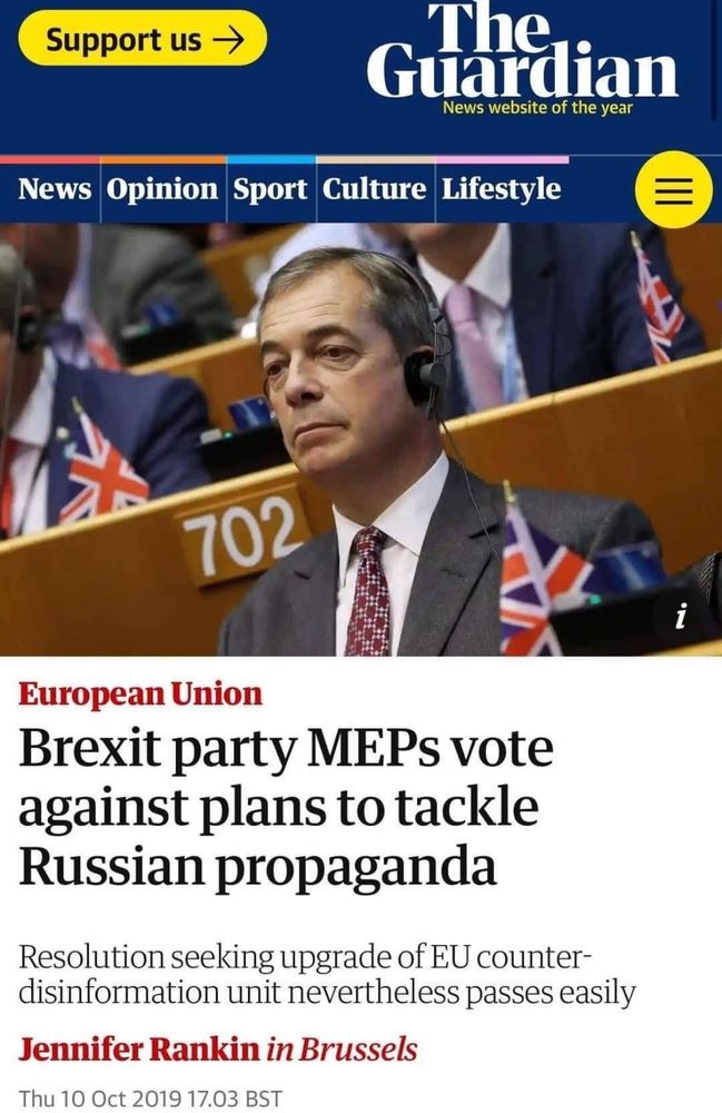Photo of Guardian article with headline "Brexit party MEPs vote against plans to tackle Russian propaganda". 