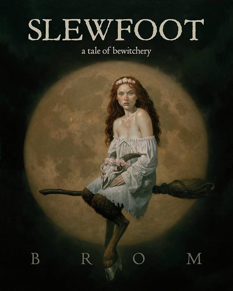 A girl with red hair and goat legs on a broom, holding a goat skull with a flower headband that matches her own, set against a full moon.