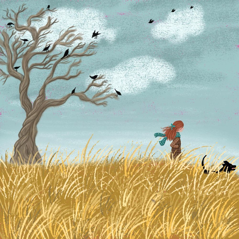 A girl walking her dog on a fall day with plain grass