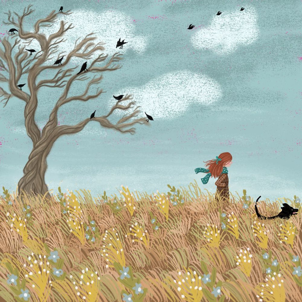 Girl walking dog in the fall