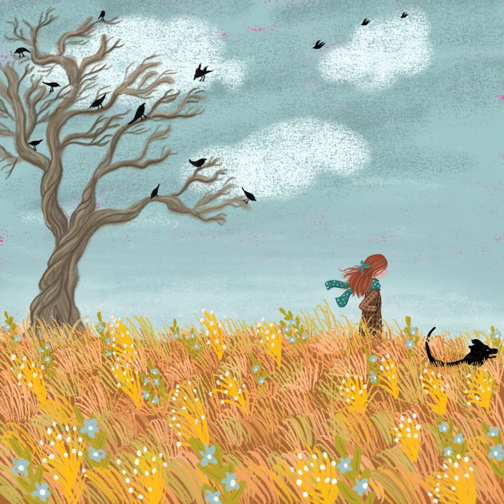 A girl walking her dog on a fall day with colorful grass