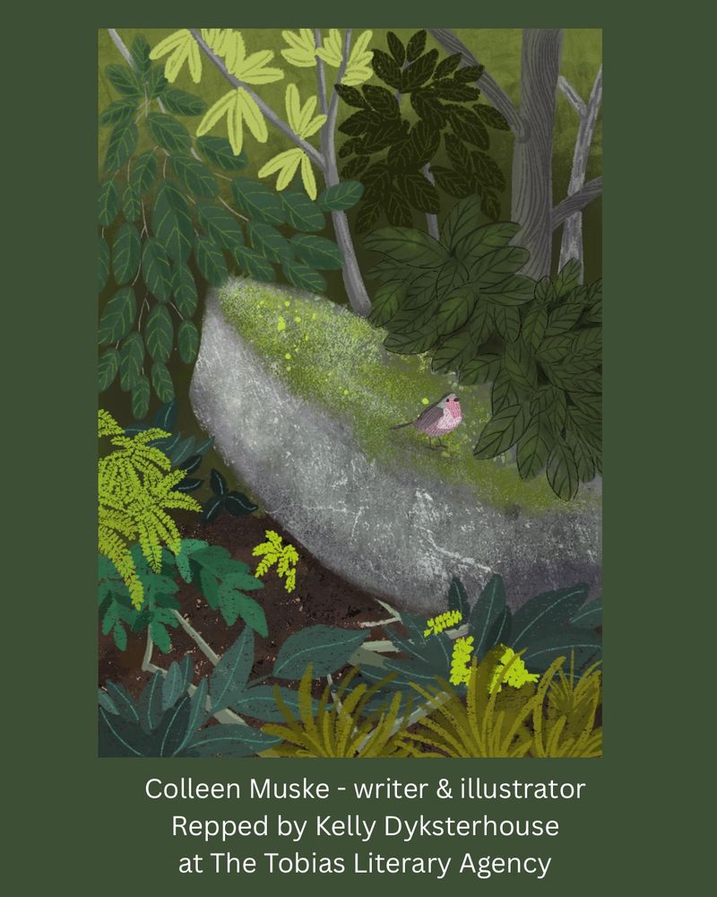 Green foliage with a bird sitting on a rock